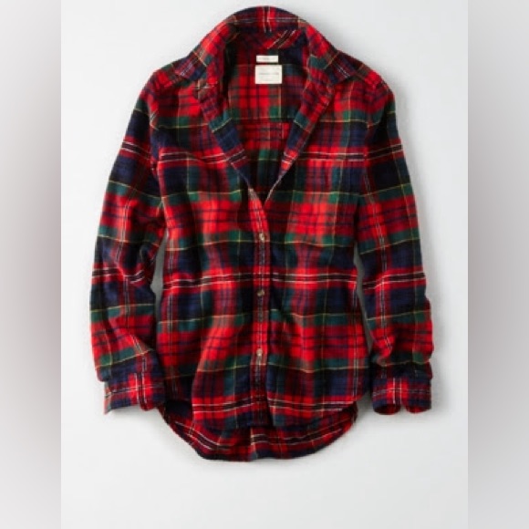 Ae Ahhmazingly Soft Plaid Flannel Boyfriend Shirt Preppy Red Multi Size S